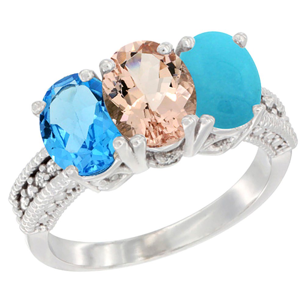 10K White Gold Natural Swiss Blue Topaz, Morganite &amp; Turquoise Ring 3-Stone Oval 7x5 mm Diamond Accent, sizes 5 - 10