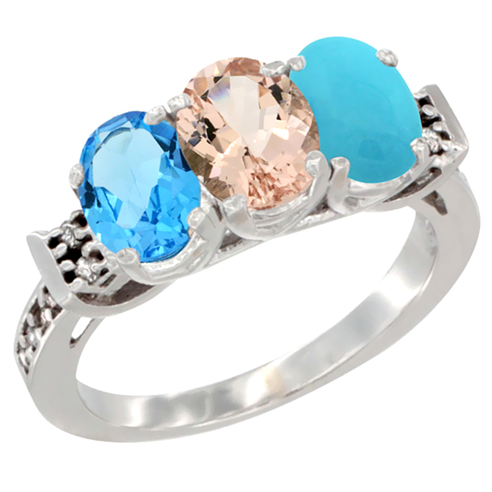 10K White Gold Natural Swiss Blue Topaz, Morganite & Turquoise Ring 3-Stone Oval 7x5 mm Diamond Accent, sizes 5 - 10