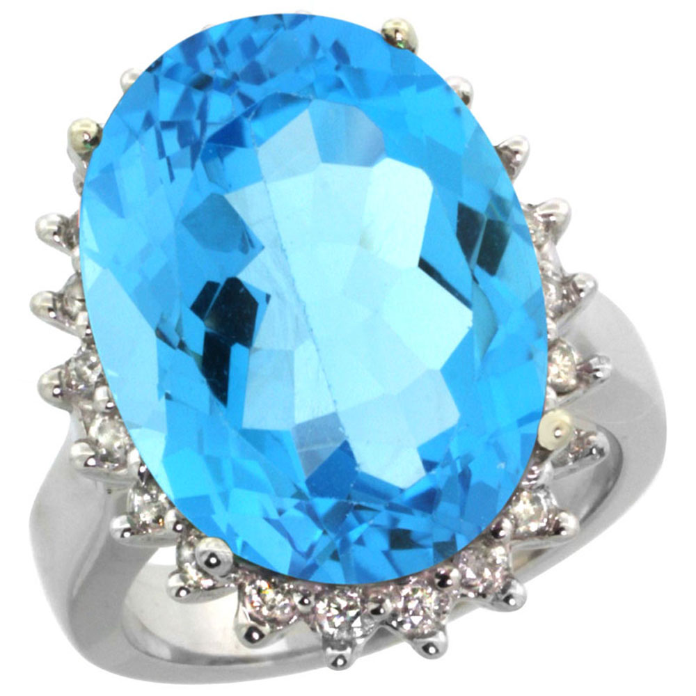 14k White Gold Diamond Halo Natural Blue Topaz Ring Large Oval 18x13mm, sizes 5-10