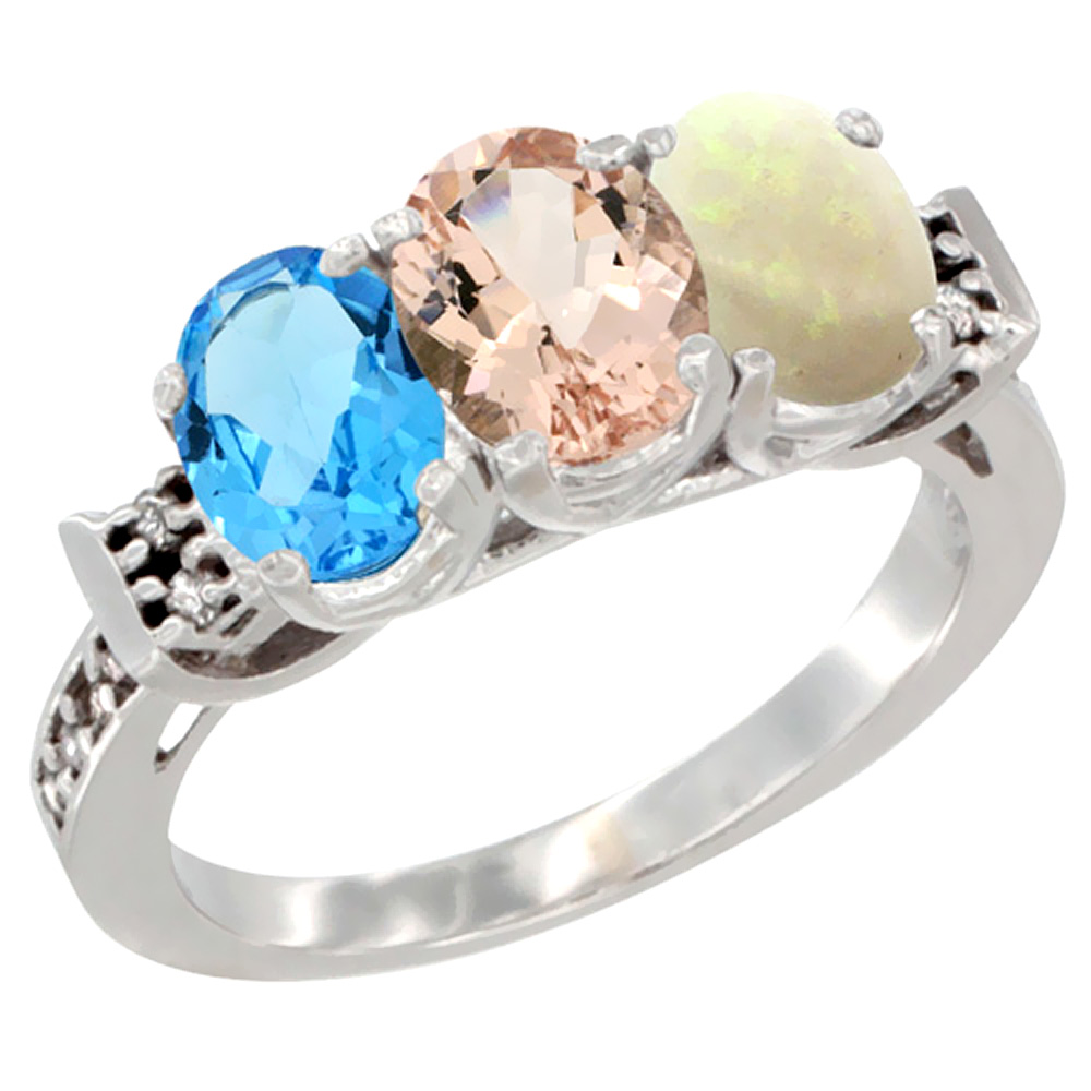 10K White Gold Natural Swiss Blue Topaz, Morganite &amp; Opal Ring 3-Stone Oval 7x5 mm Diamond Accent, sizes 5 - 10