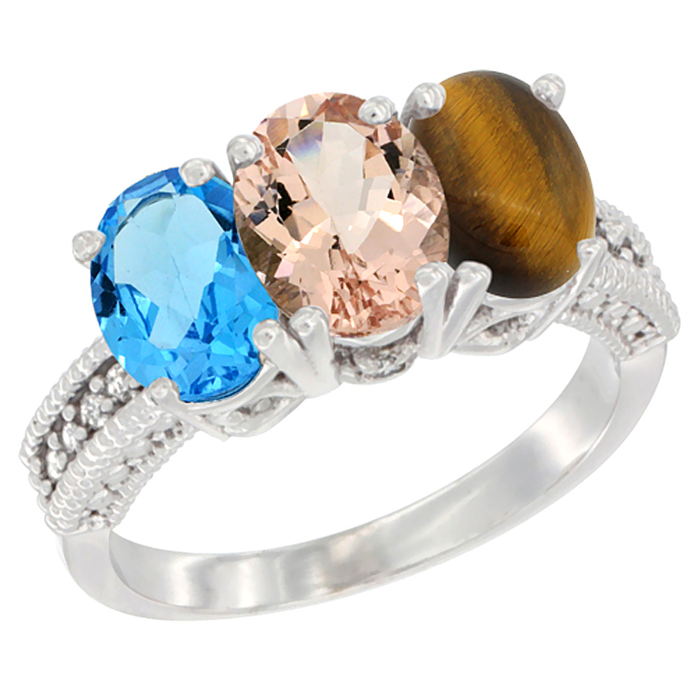 10K White Gold Natural Swiss Blue Topaz, Morganite & Tiger Eye Ring 3-Stone Oval 7x5 mm Diamond Accent, sizes 5 - 10