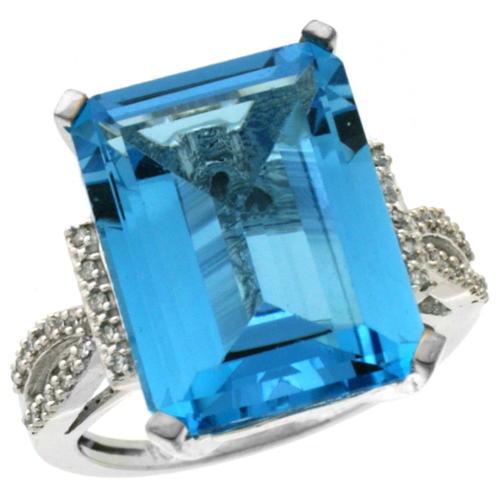 10K White Gold Diamond Genuine Blue Topaz Ring Emerald-cut 16x12mm sizes 5-10