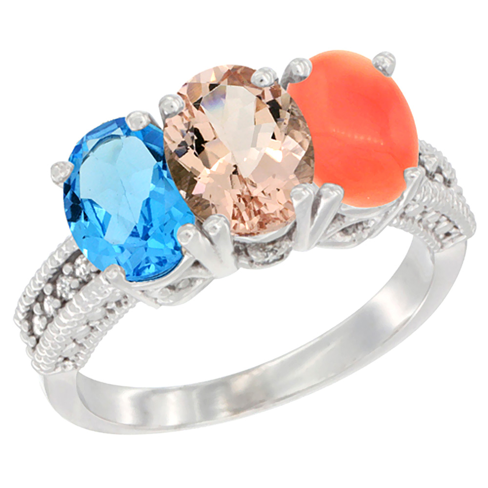 14K White Gold Natural Swiss Blue Topaz, Morganite &amp; Coral Ring 3-Stone 7x5 mm Oval Diamond Accent, sizes 5 - 10