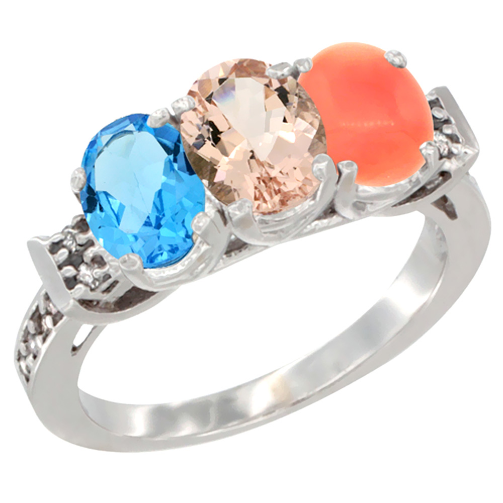 10K White Gold Natural Swiss Blue Topaz, Morganite & Coral Ring 3-Stone Oval 7x5 mm Diamond Accent, sizes 5 - 10