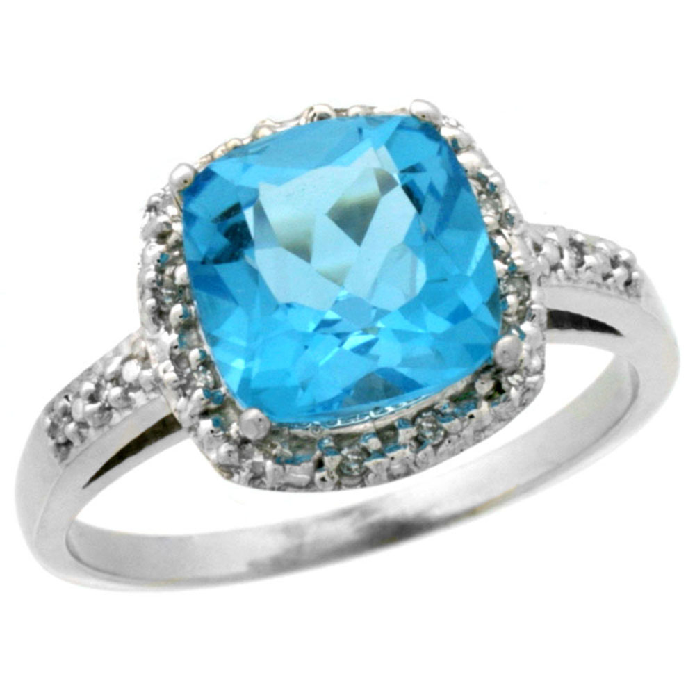 10K White Gold Diamond Genuine Blue Topaz Ring Halo Cushion-cut 8x8 mm sizes 5-10