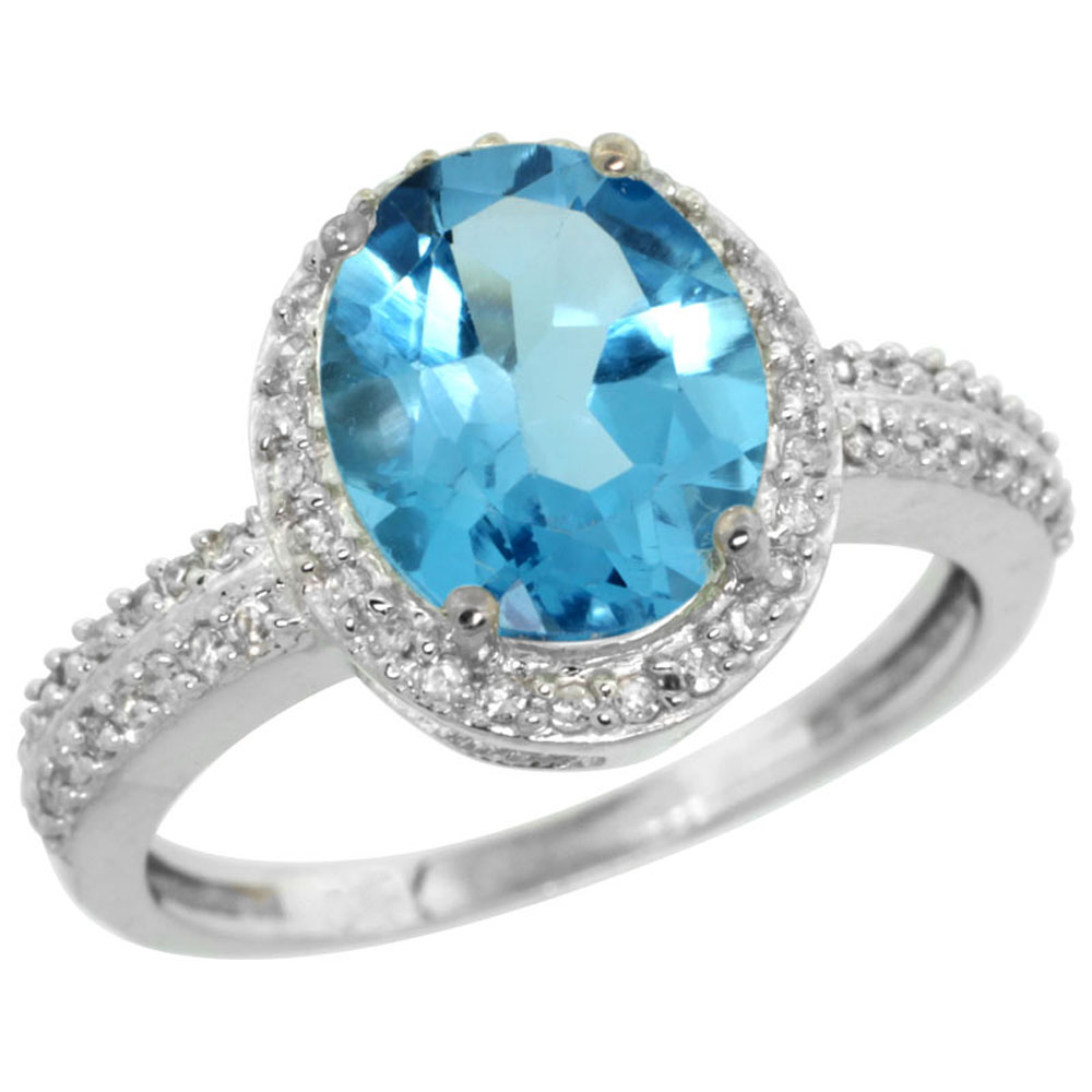 10K White Gold Diamond Genuine Blue Topaz Engagement Ring Halo Oval 10x8mm sizes 5-10