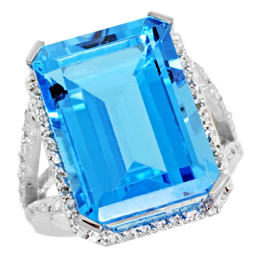 10K White Gold Diamond Genuine Blue Topaz Ring Halo Emerald-cut 18x13mm sizes 5-10