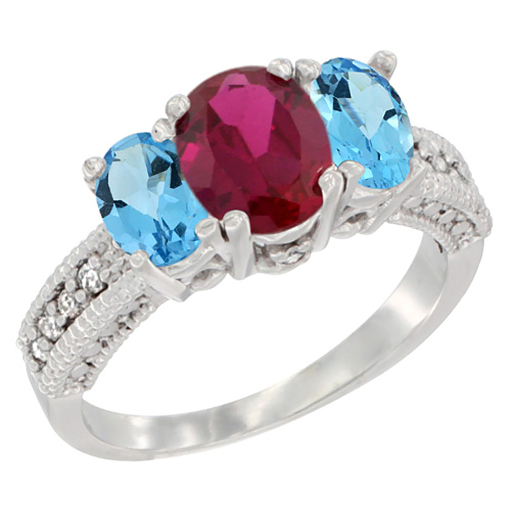 14K White Gold Diamond Enhanced Ruby Ring Oval 3-stone with Swiss Blue Topaz, sizes 5 - 10