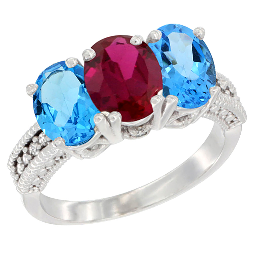 10K White Gold Enhanced Ruby &amp; Natural Swiss Blue Topaz Sides Ring 3-Stone Oval 7x5 mm Diamond Accent, sizes 5 - 10