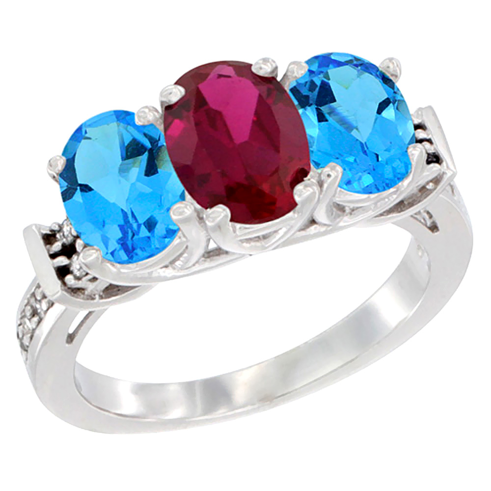 14K White Gold Natural High Quality Ruby & Swiss Blue Topaz Sides Ring 3-Stone Oval Diamond Accent, sizes 5 - 10