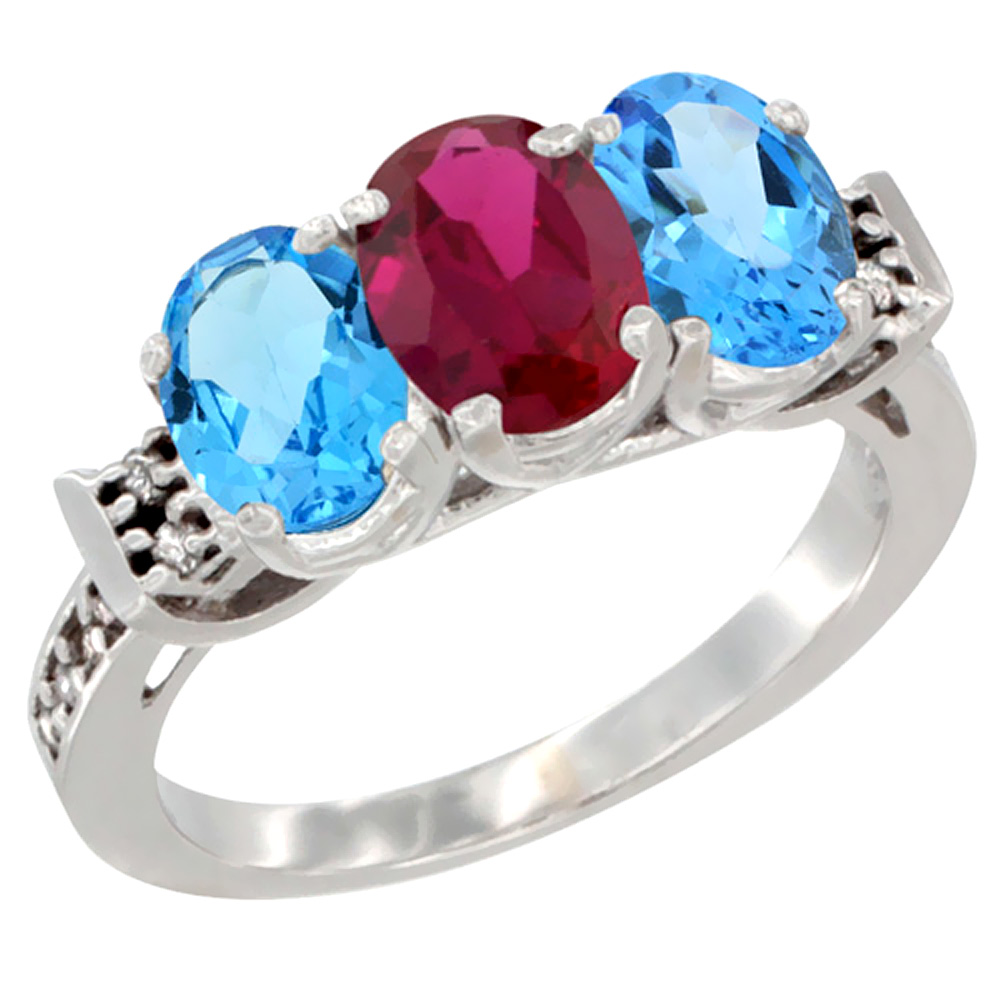 10K White Gold Enhanced Ruby &amp; Natural Swiss Blue Topaz Sides Ring 3-Stone Oval 7x5 mm Diamond Accent, sizes 5 - 10