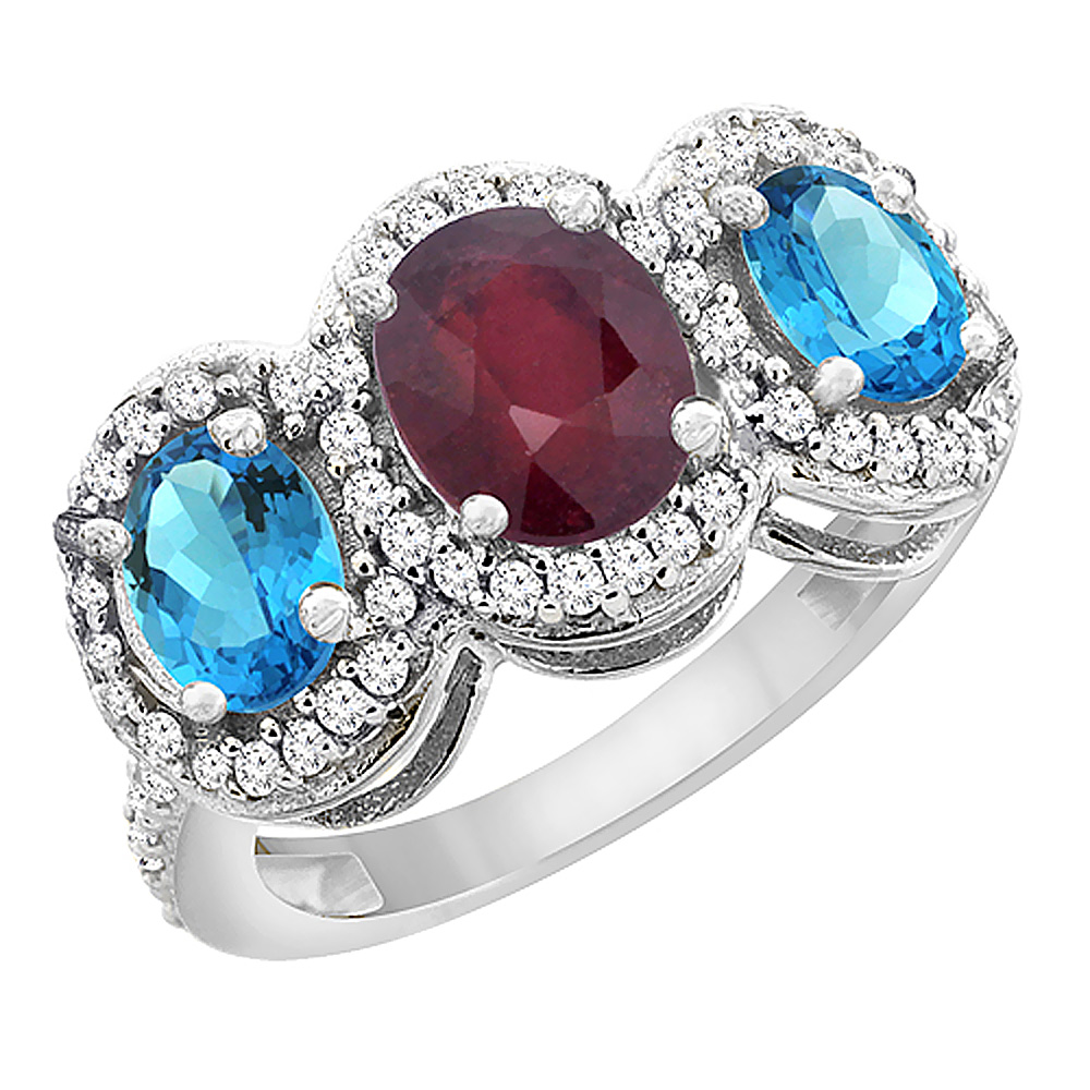10K White Gold Natural Quality Ruby & Swiss Blue Topaz 3-stone Mothers Ring Oval Diamond Accent, sz5 - 10