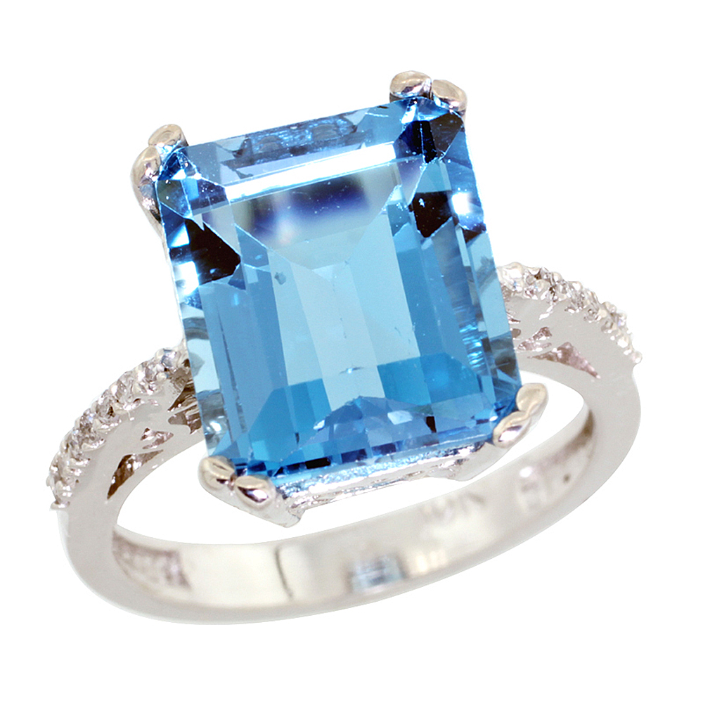 10K White Gold Diamond Genuine Blue Topaz Ring Emerald-cut 12x10mm sizes 5-10