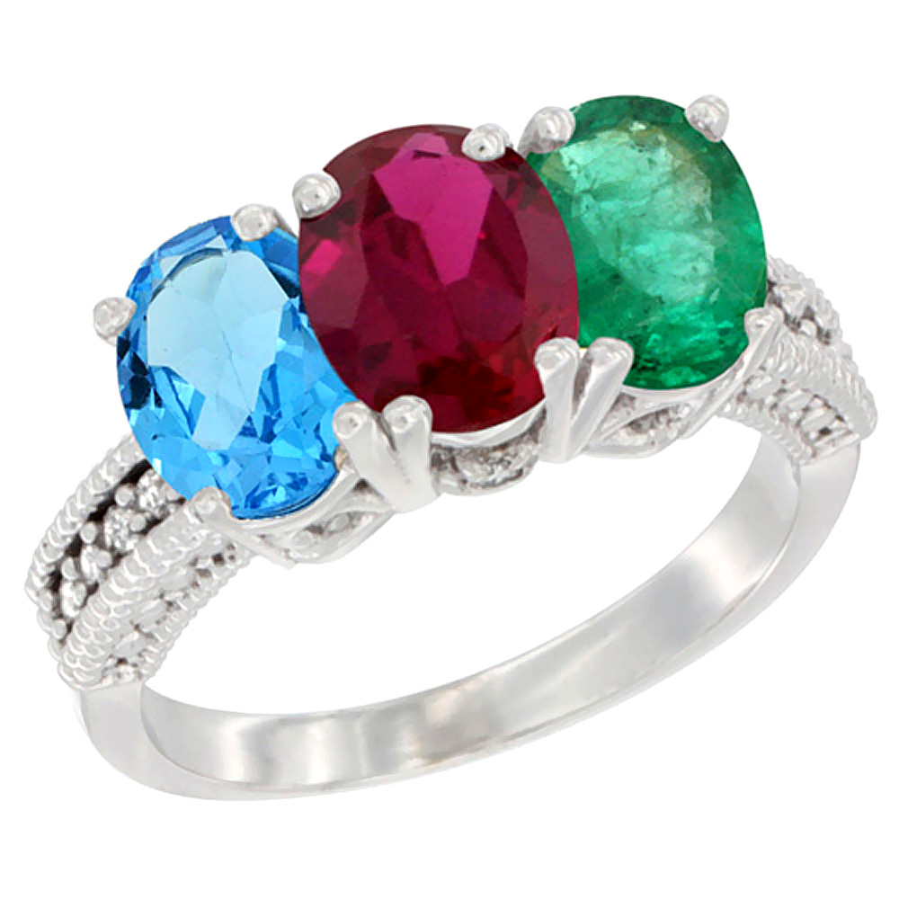 10K White Gold Natural Swiss Blue Topaz, Enhanced Ruby & Natural Emerald Ring 3-Stone Oval 7x5 mm Diamond Accent, sizes 5 - 10
