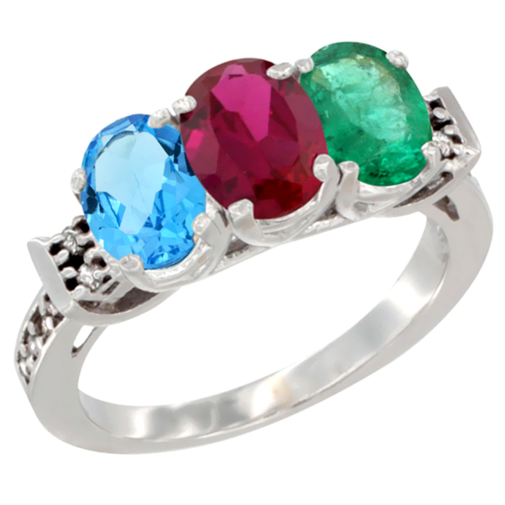 10K White Gold Natural Swiss Blue Topaz, Enhanced Ruby &amp; Natural Emerald Ring 3-Stone Oval 7x5 mm Diamond Accent, sizes 5 - 10