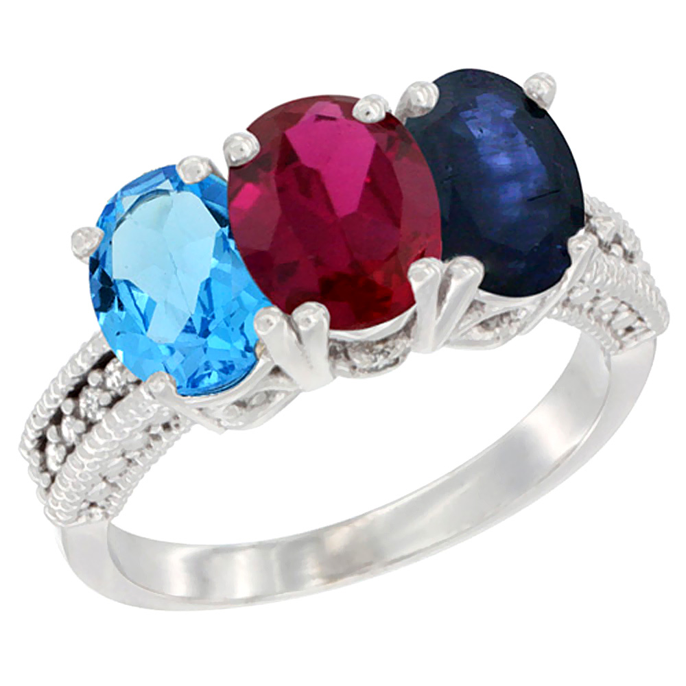 14K White Gold Natural Swiss Blue Topaz, Enhanced Ruby & Natural Blue Sapphire Ring 3-Stone 7x5 mm Oval Diamond Accent, sizes 5 - 10