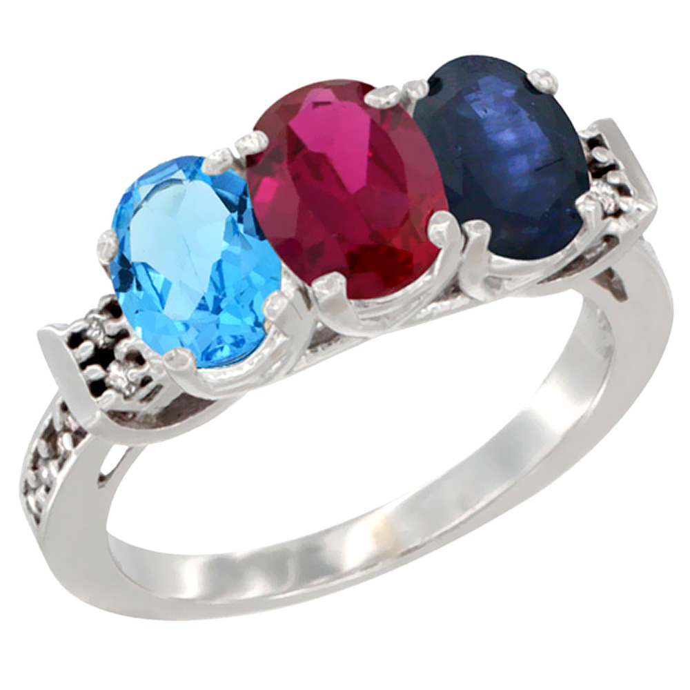 10K White Gold Natural Swiss Blue Topaz, Enhanced Ruby & Natural Blue Sapphire Ring 3-Stone Oval 7x5 mm Diamond Accent, sizes 5 - 10