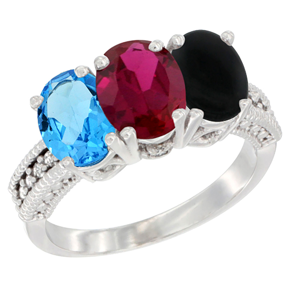 10K White Gold Natural Swiss Blue Topaz, Enhanced Ruby &amp; Natural Black Onyx Ring 3-Stone Oval 7x5 mm Diamond Accent, sizes 5 - 10