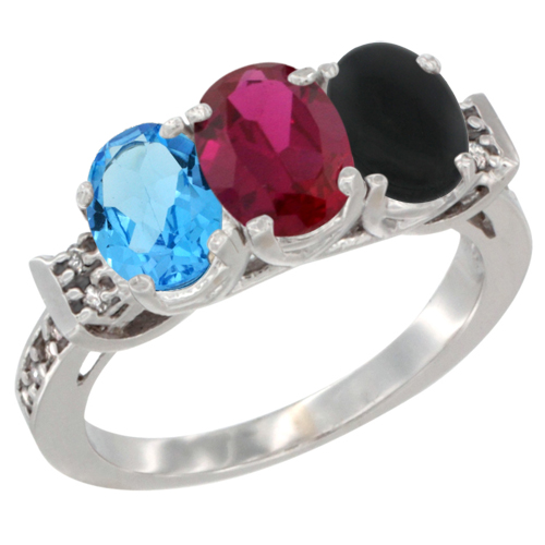 10K White Gold Natural Swiss Blue Topaz, Enhanced Ruby & Natural Black Onyx Ring 3-Stone Oval 7x5 mm Diamond Accent, sizes 5 - 10