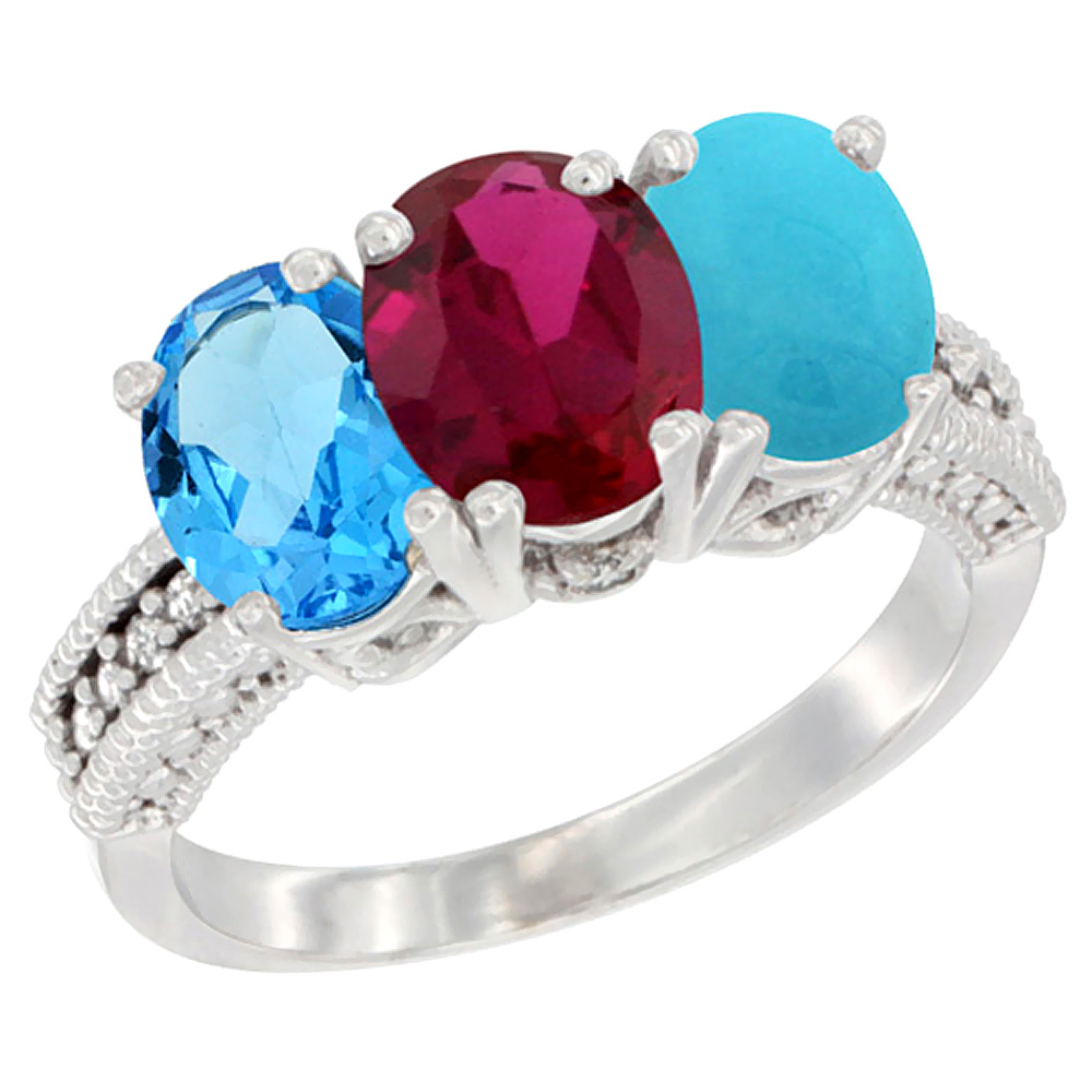 10K White Gold Natural Swiss Blue Topaz, Enhanced Ruby &amp; Natural Turquoise Ring 3-Stone Oval 7x5 mm Diamond Accent, sizes 5 - 10