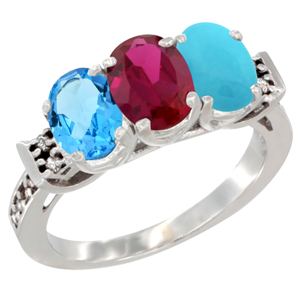 10K White Gold Natural Swiss Blue Topaz, Enhanced Ruby & Natural Turquoise Ring 3-Stone Oval 7x5 mm Diamond Accent, sizes 5 - 10