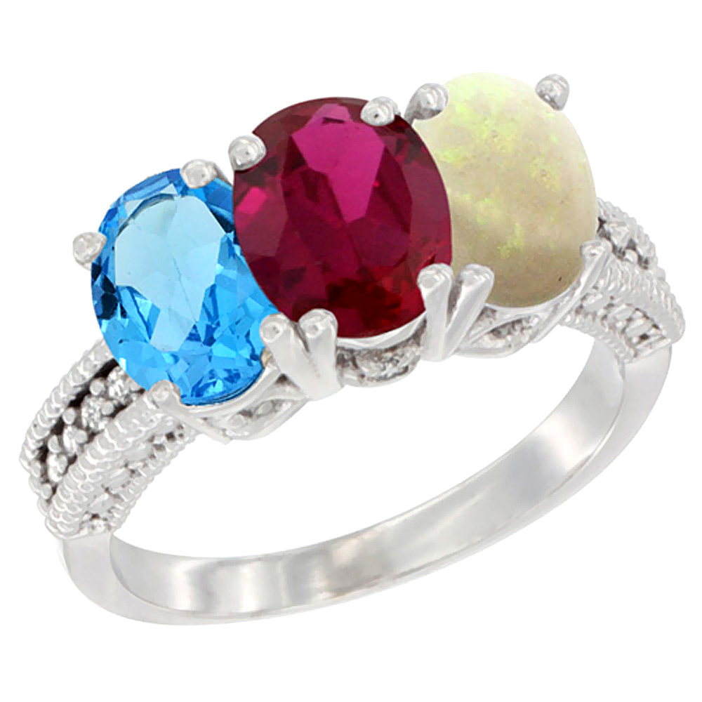 10K White Gold Natural Swiss Blue Topaz, Enhanced Ruby & Natural Opal Ring 3-Stone Oval 7x5 mm Diamond Accent, sizes 5 - 10