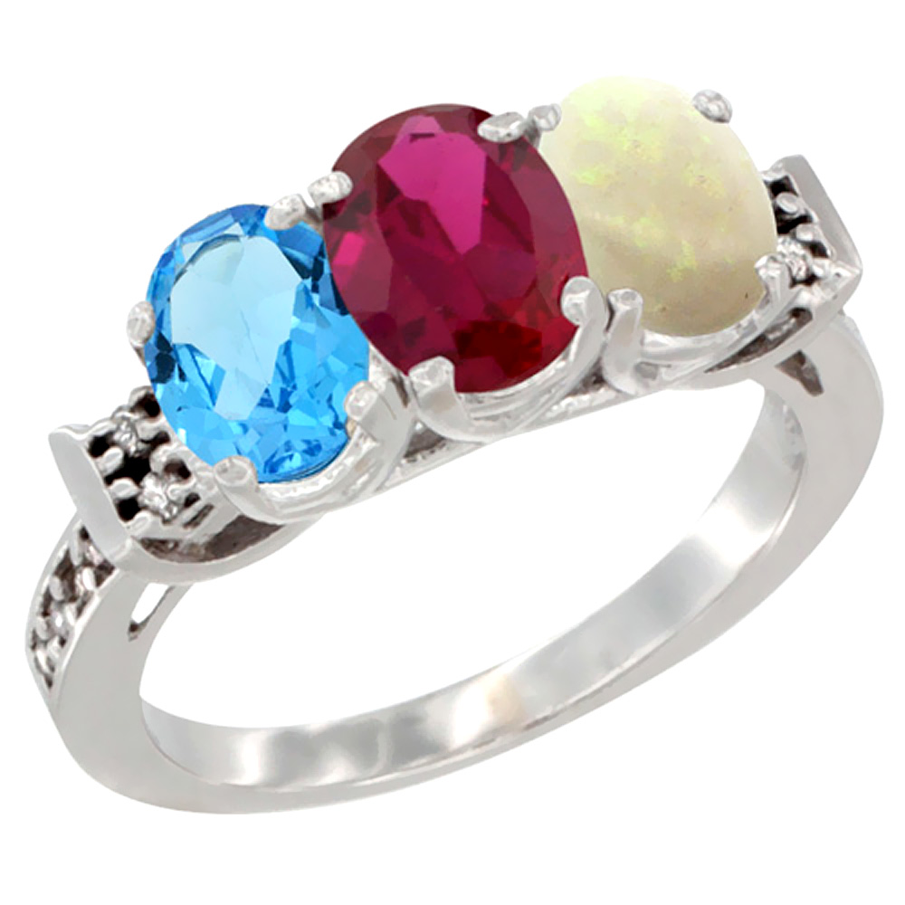 14K White Gold Natural Swiss Blue Topaz, Enhanced Ruby &amp; Natural Opal Ring 3-Stone 7x5 mm Oval Diamond Accent, sizes 5 - 10