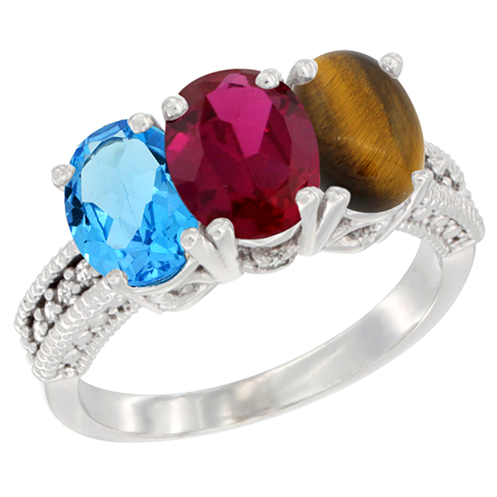 10K White Gold Natural Swiss Blue Topaz, Enhanced Ruby &amp; Natural Tiger Eye Ring 3-Stone Oval 7x5 mm Diamond Accent, sizes 5 - 10