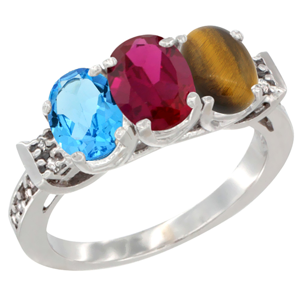 10K White Gold Natural Swiss Blue Topaz, Enhanced Ruby & Natural Tiger Eye Ring 3-Stone Oval 7x5 mm Diamond Accent, sizes 5 - 10