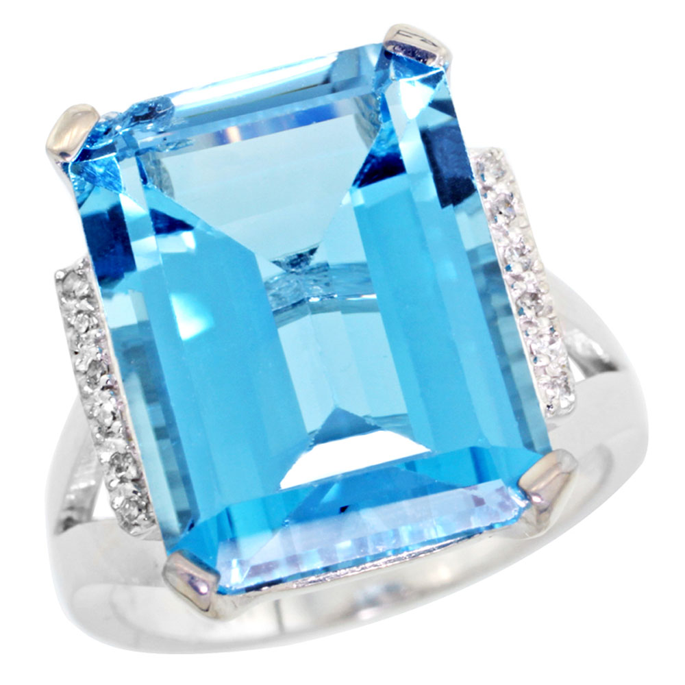 10K White Gold Diamond Genuine Blue Topaz Ring Emerald-cut 16x12mm sizes 5-10