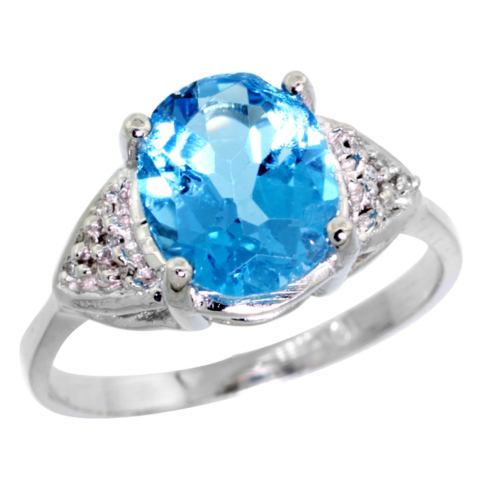 14k White Gold Diamond Natural Swiss Blue Topaz Engagement Ring Oval 10x8mm, sizes 5-10