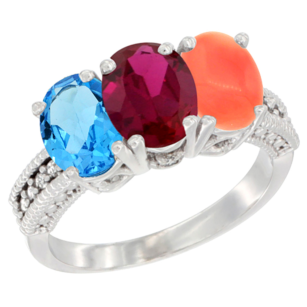 14K White Gold Natural Swiss Blue Topaz, Enhanced Ruby & Natural Coral Ring 3-Stone 7x5 mm Oval Diamond Accent, sizes 5 - 10