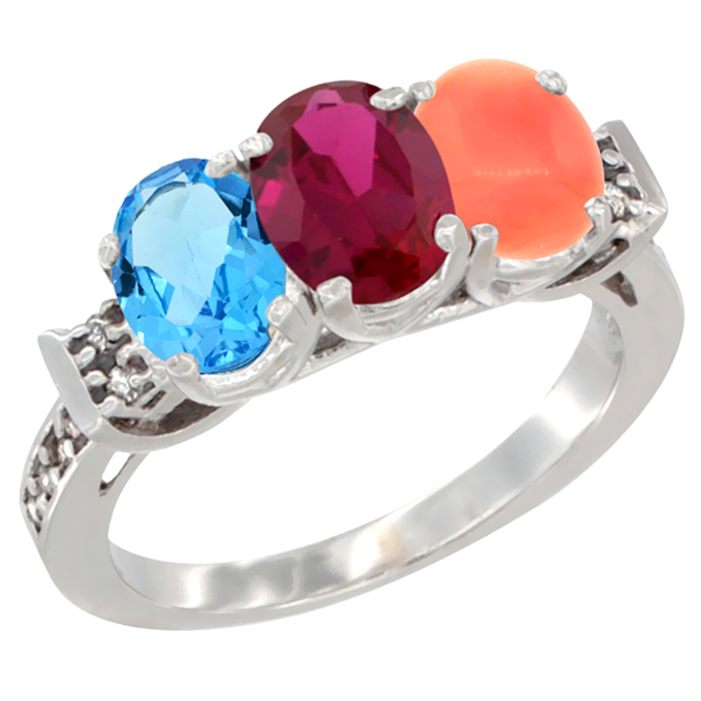 10K White Gold Natural Swiss Blue Topaz, Enhanced Ruby & Natural Coral Ring 3-Stone Oval 7x5 mm Diamond Accent, sizes 5 - 10