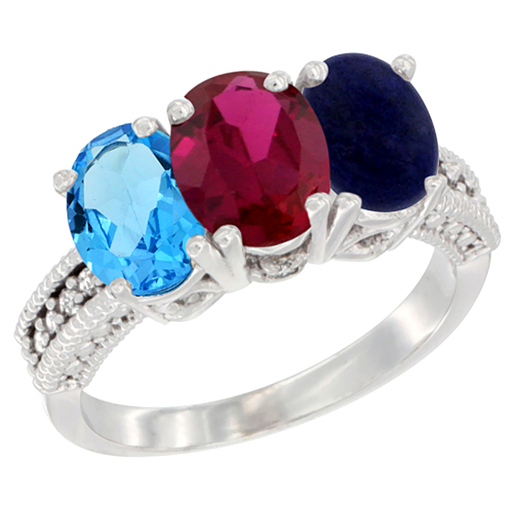 10K White Gold Natural Swiss Blue Topaz, Enhanced Ruby & Natural Lapis Ring 3-Stone Oval 7x5 mm Diamond Accent, sizes 5 - 10