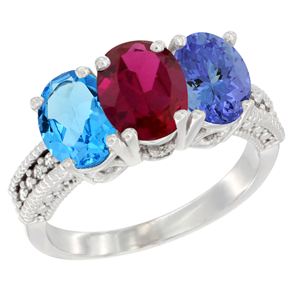 14K White Gold Natural Swiss Blue Topaz, Enhanced Ruby &amp; Natural Tanzanite Ring 3-Stone 7x5 mm Oval Diamond Accent, sizes 5 - 10