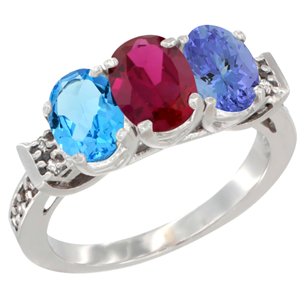14K White Gold Natural Swiss Blue Topaz, Enhanced Ruby & Natural Tanzanite Ring 3-Stone 7x5 mm Oval Diamond Accent, sizes 5 - 10