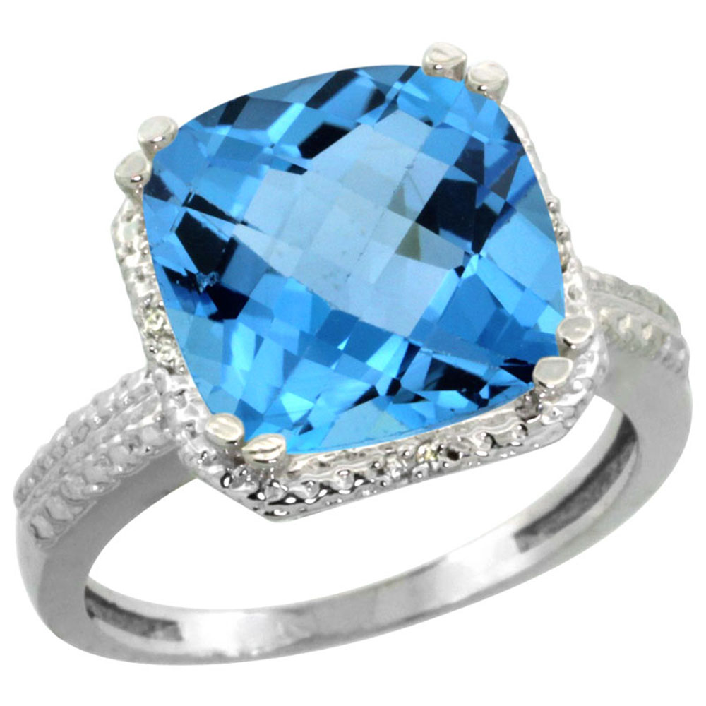 10K White Gold Diamond Genuine Blue Topaz Ring Halo Cushion-cut 11x11mm sizes 5-10