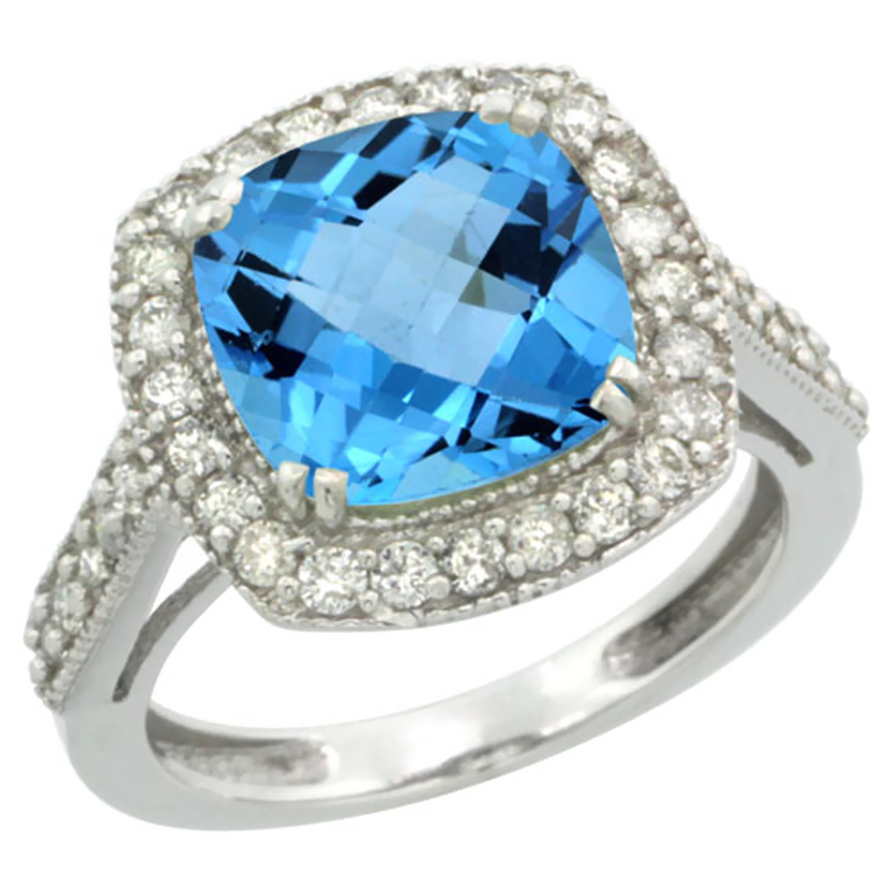 10k White Gold Genuine Blue Topaz Ring Cushion-cut 9x9mm Diamond Halo sizes 5-10