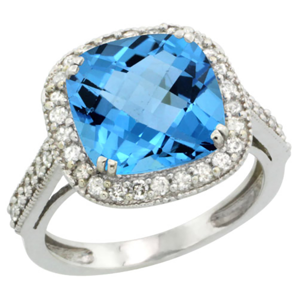 10k White Gold Genuine Blue Topaz Ring Cushion-cut 10x10mm Diamond Halo sizes 5-10