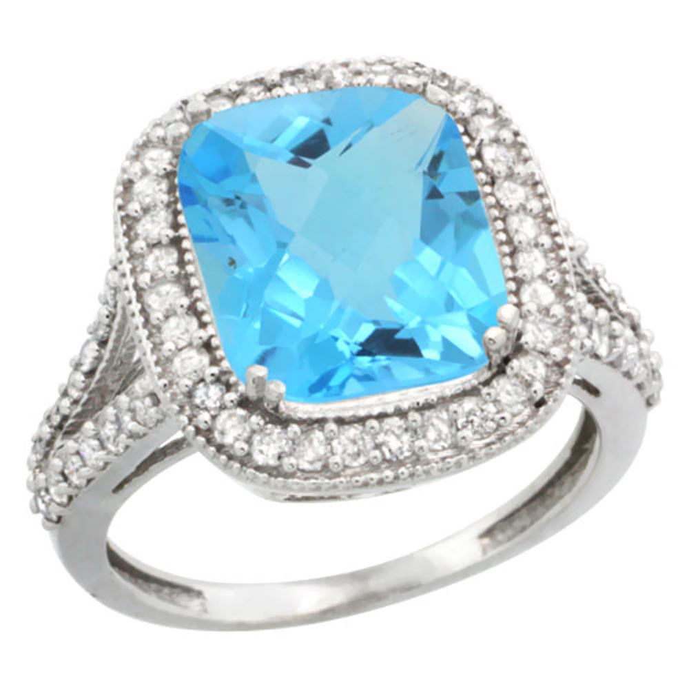 10k White Gold Genuine Blue Topaz Ring Cushion-cut 12x10mm Diamond Halo sizes 5-10