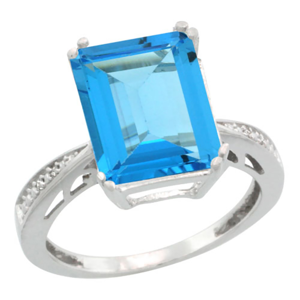 10K White Gold Diamond Genuine Blue Topaz Ring Emerald-cut 12x10mm sizes 5-10