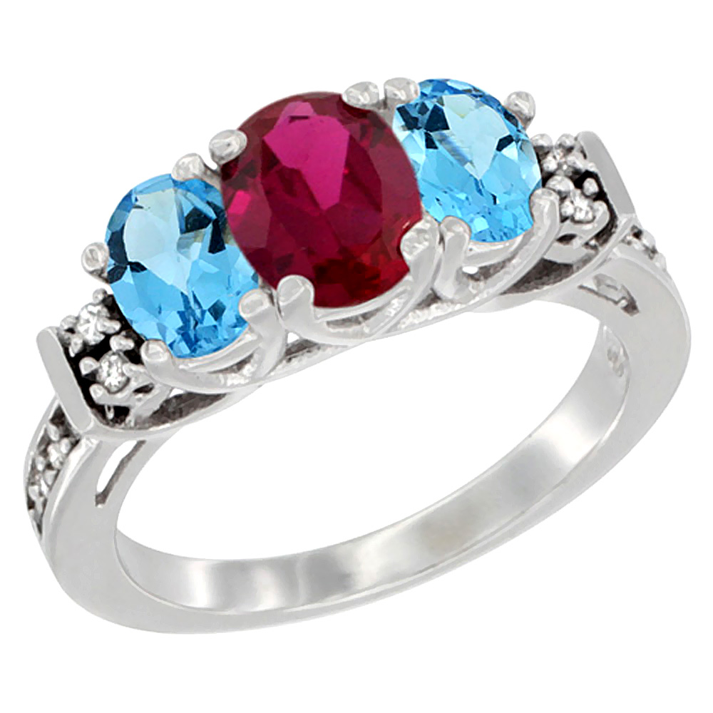 14K White Gold Natural Quality Ruby &amp; Swiss Blue Topaz 3-stone Mothers Ring Oval Diamond Accent, size5-10