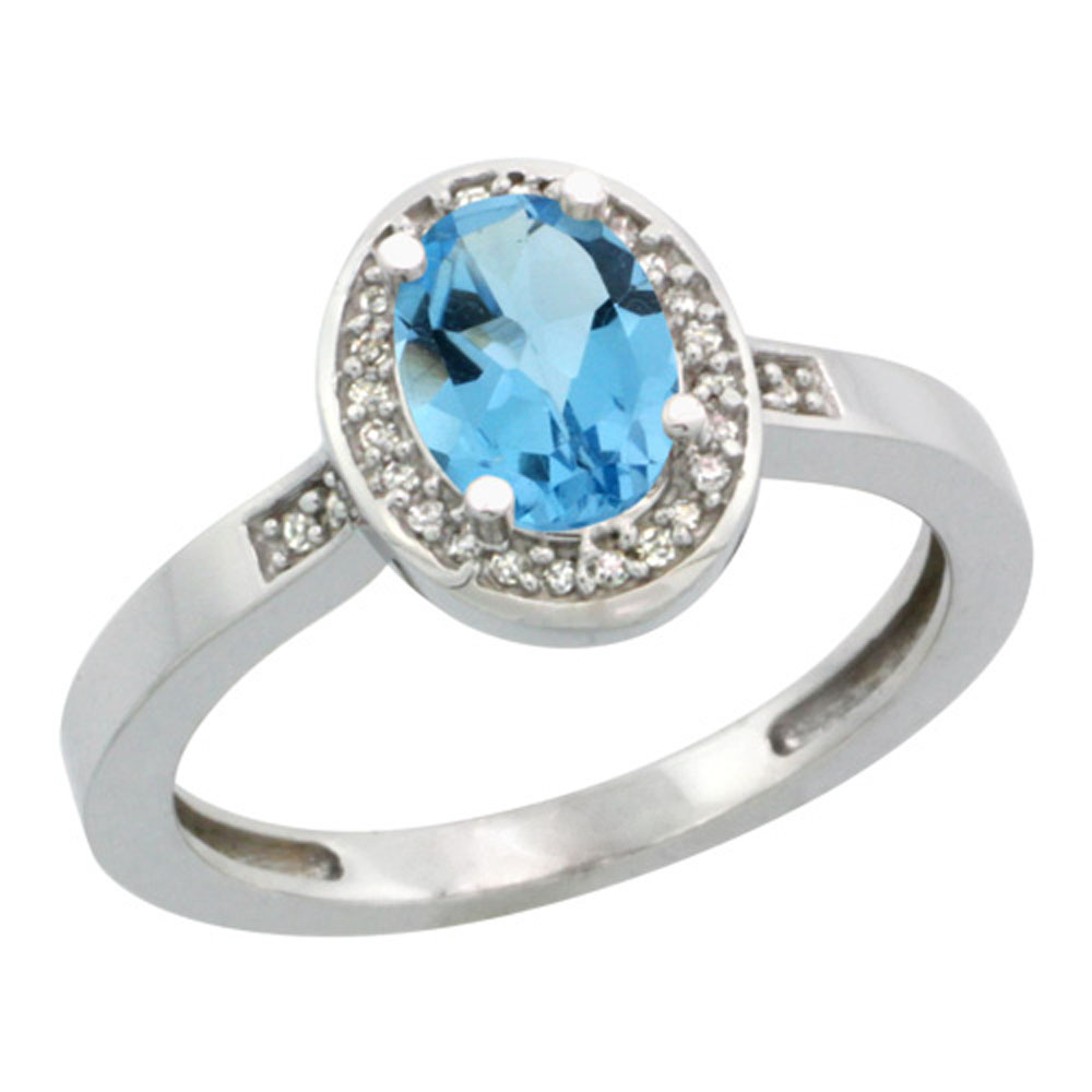 14K White Gold Diamond Natural Swiss Blue Topaz Engagement Ring Oval 7x5mm, sizes 5-10