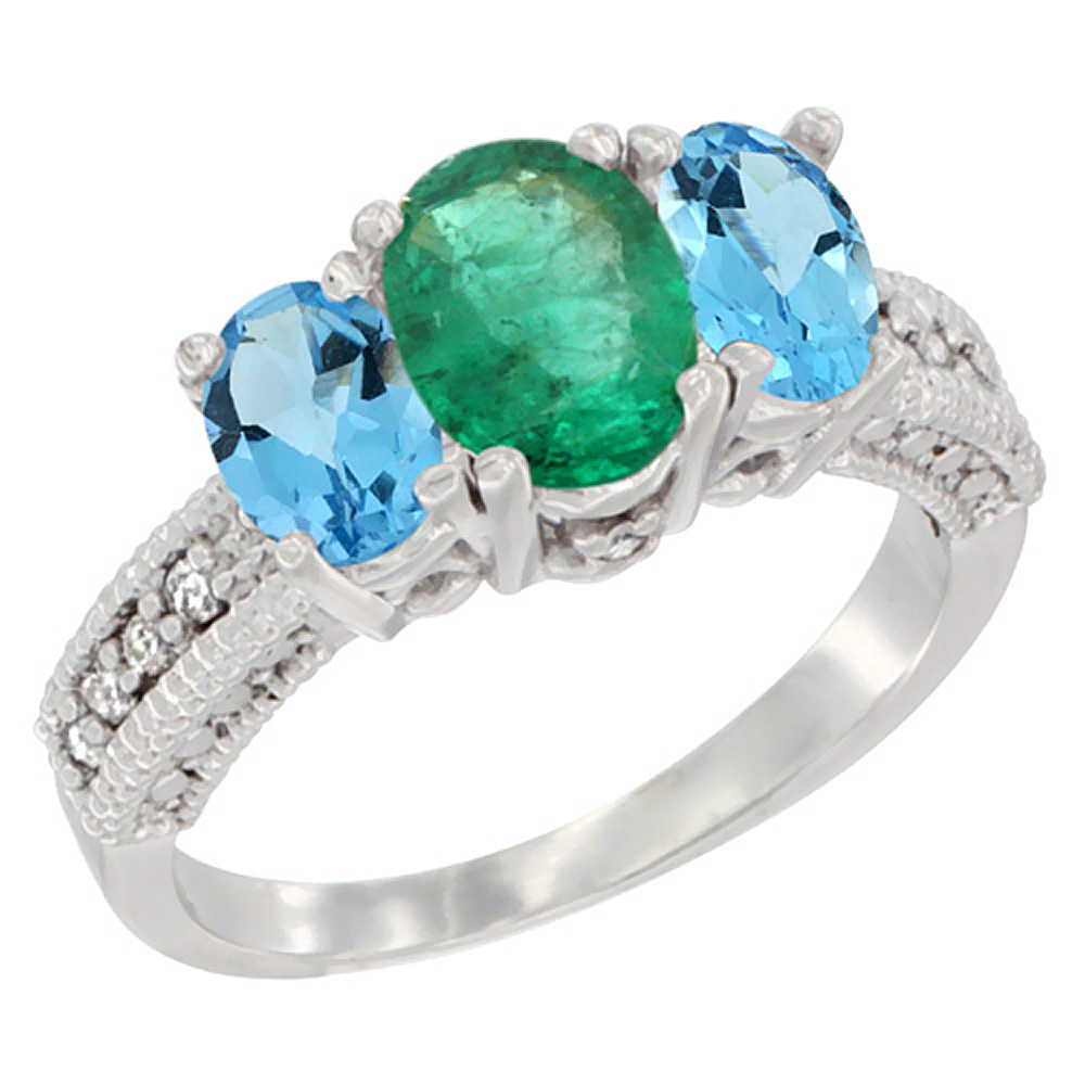 14K White Gold Diamond Natural Quality Emerald 7x5mm &amp; 6x4mm Swiss Blue Topaz Oval 3-stone Ring,size5-10