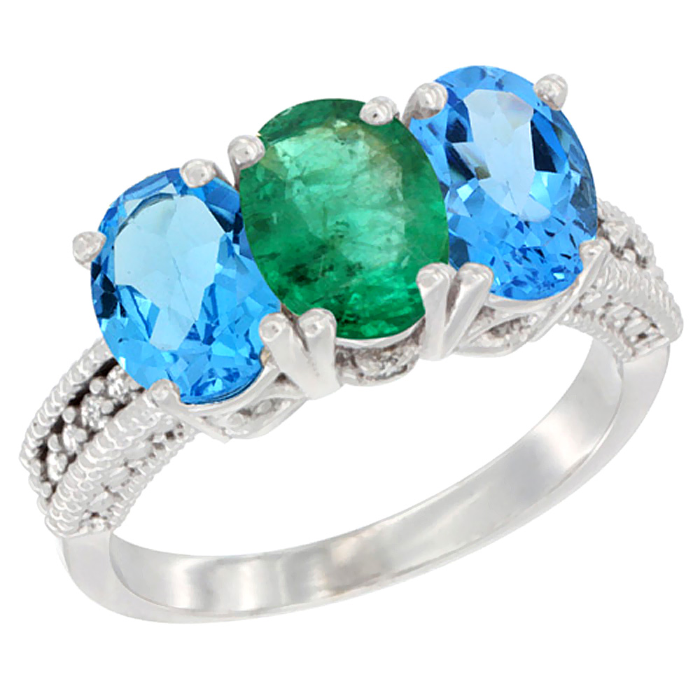 10K White Gold Natural Emerald &amp; Swiss Blue Topaz Sides Ring 3-Stone Oval 7x5 mm Diamond Accent, sizes 5 - 10