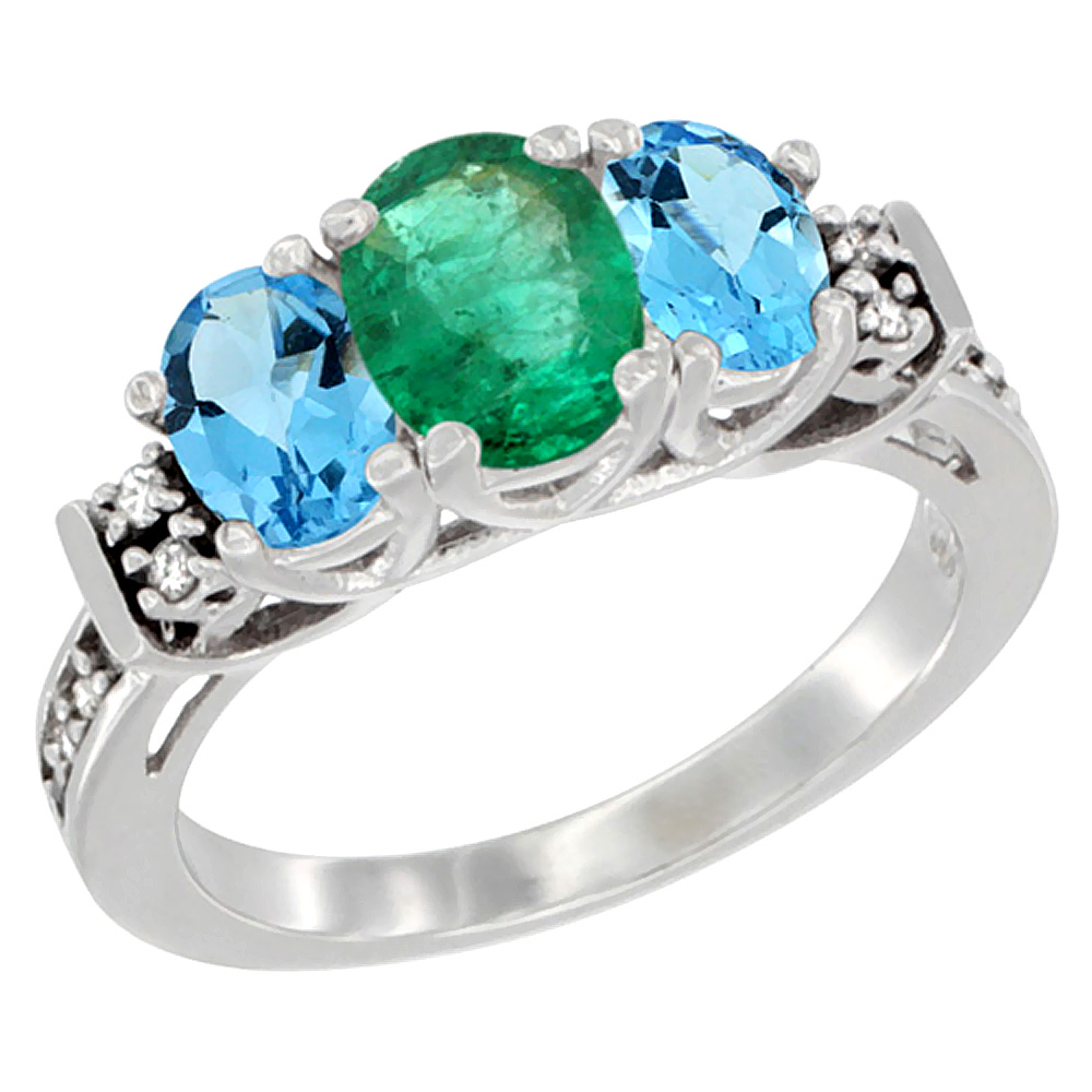 10K White Gold Natural Emerald &amp; Swiss Blue Topaz Ring 3-Stone Oval Diamond Accent, sizes 5-10