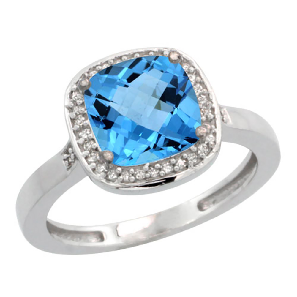 10K White Gold Diamond Genuine Blue Topaz Ring Halo Cushion-cut 8x8mm sizes 5-10