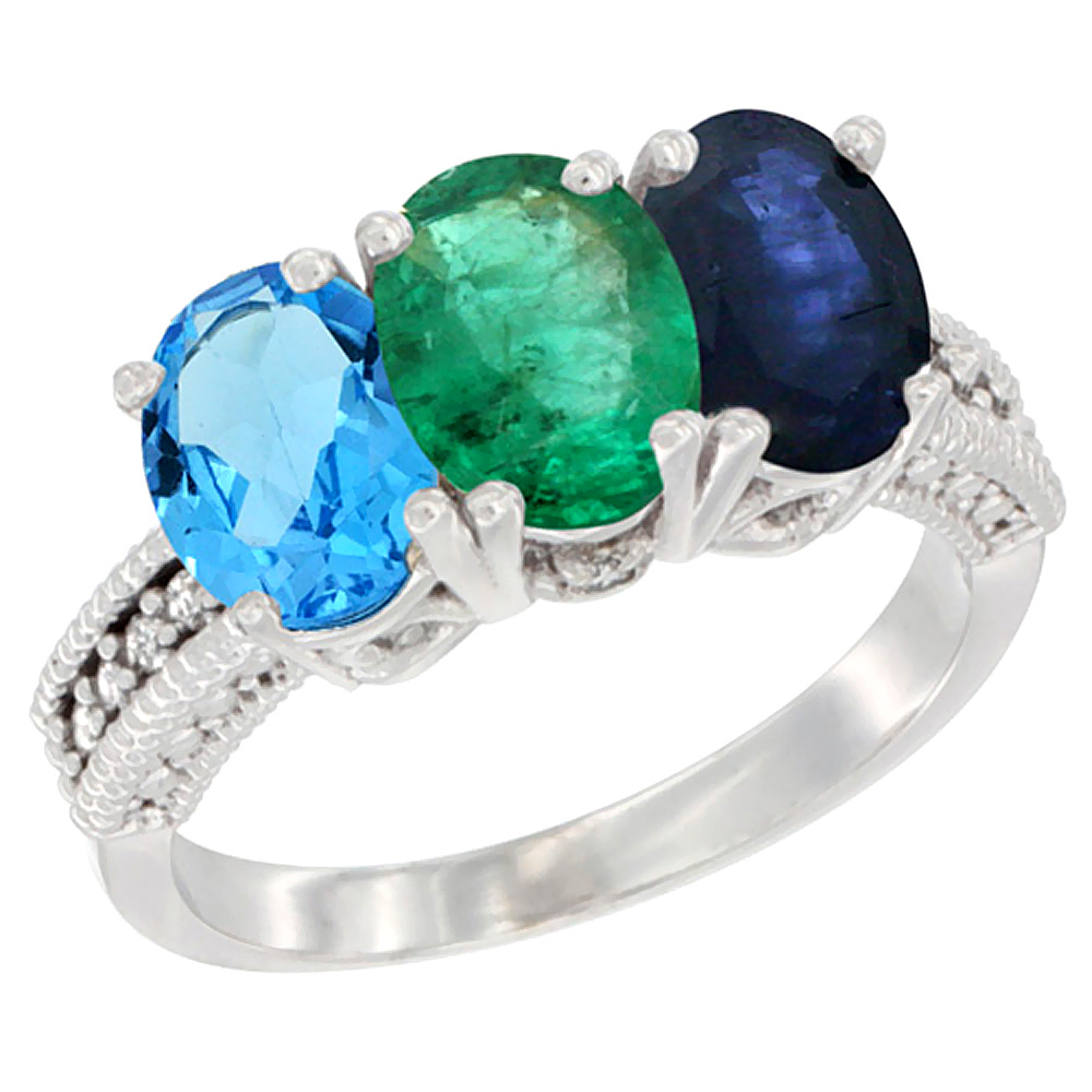 10K White Gold Natural Swiss Blue Topaz, Emerald &amp; Blue Sapphire Ring 3-Stone Oval 7x5 mm Diamond Accent, sizes 5 - 10