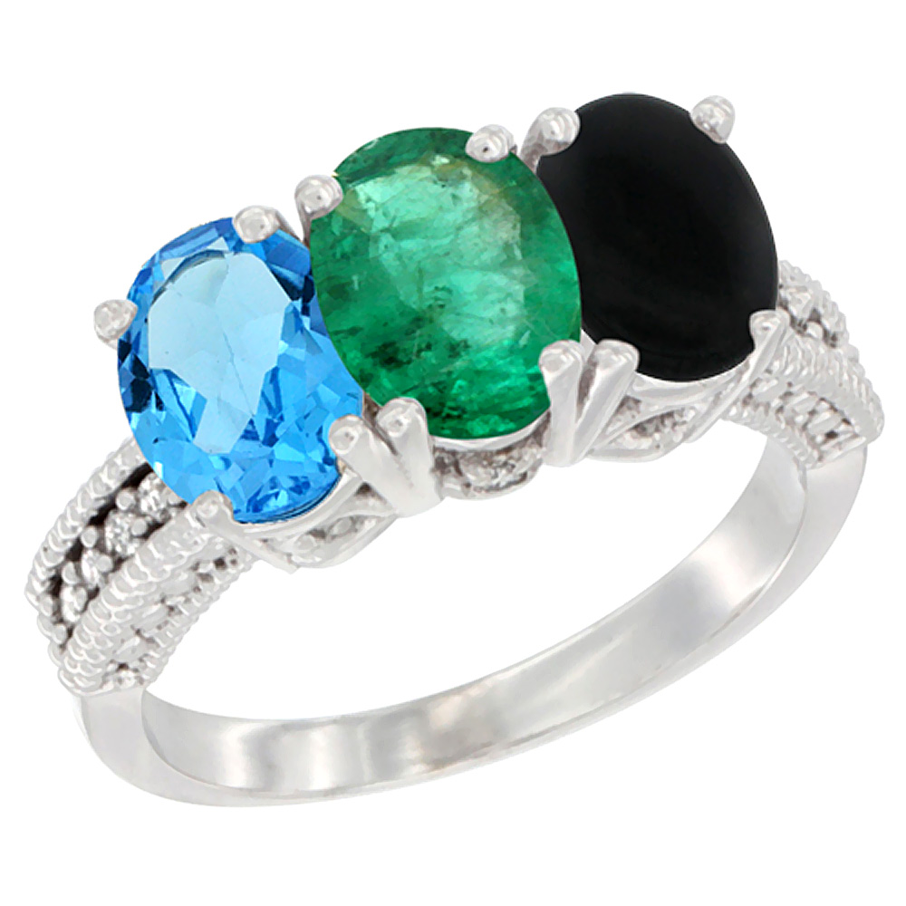 14K White Gold Natural Swiss Blue Topaz, Emerald & Black Onyx Ring 3-Stone 7x5 mm Oval Diamond Accent, sizes 5 - 10