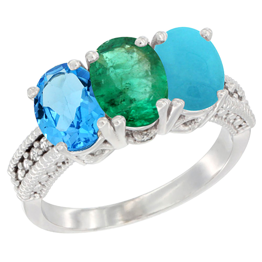 10K White Gold Natural Swiss Blue Topaz, Emerald & Turquoise Ring 3-Stone Oval 7x5 mm Diamond Accent, sizes 5 - 10
